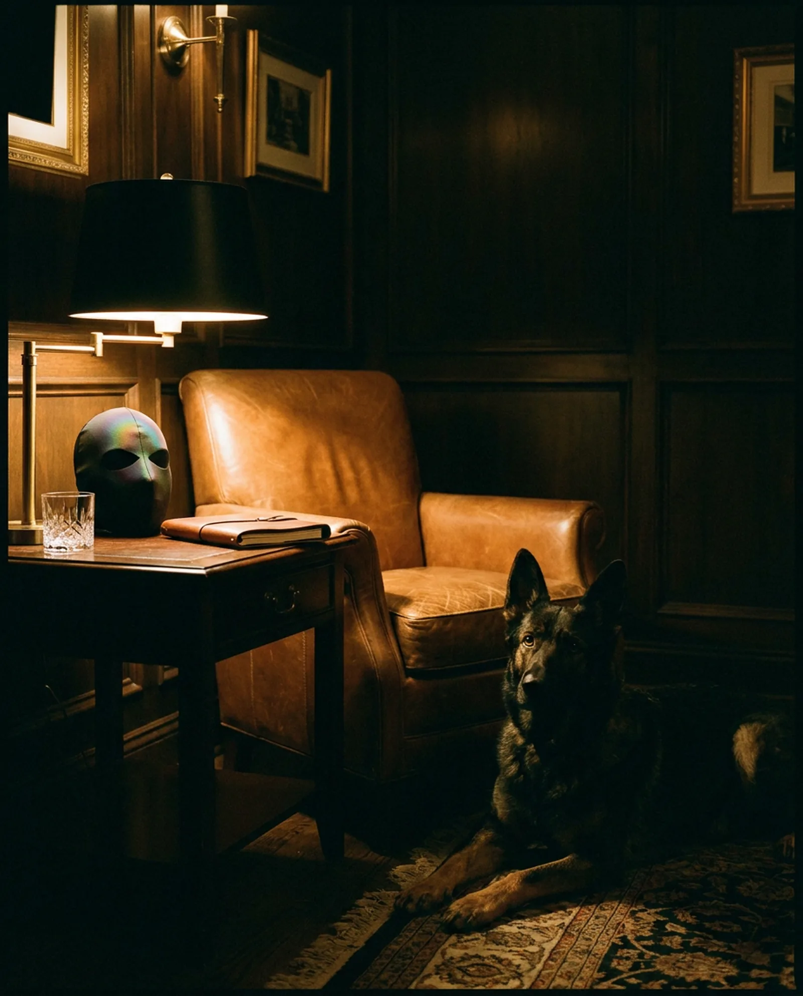 An empty leather armchair in a dark study, a black mask on the side table and a German Shepherd lying in front of it