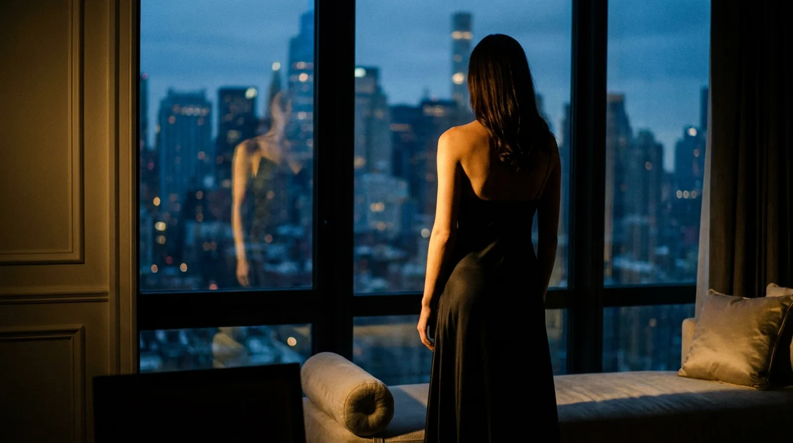 A woman in a black silk gown looks out over the Manhattan skyline at dusk